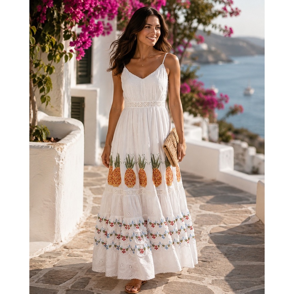 Guadalupe Pineapple Embroidered White Eyelet Smocked Maxi Dress Small NWT